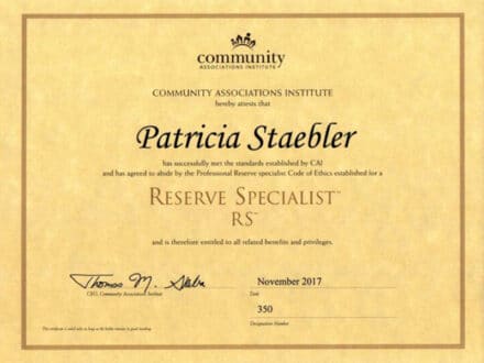 Patricia Staebler's Reserve Specialist Certificate From CAI